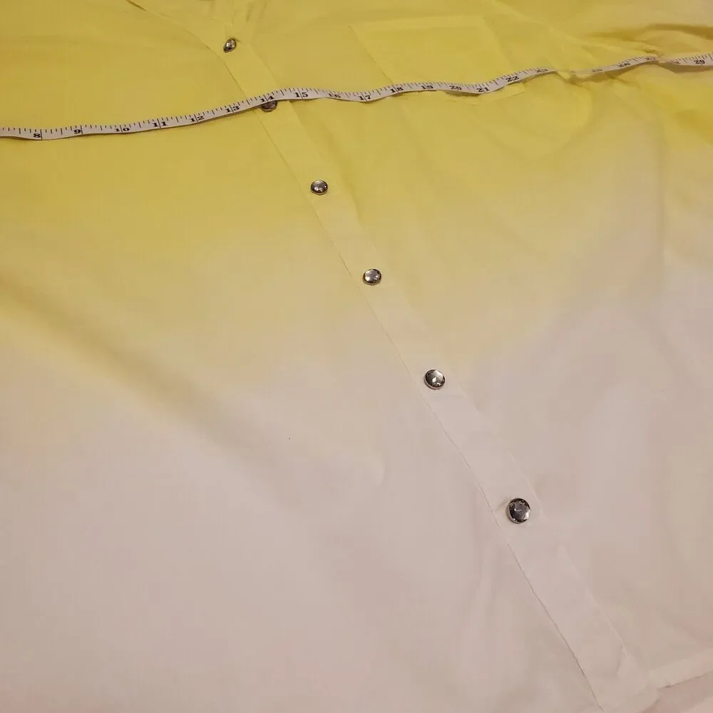 Cathrines Plus Sz 3X Yellow Ombre Button Down Blouse Rhinestones Roll Tab Sleeve